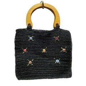 Raffia Woven Handbag Wooden Handles‎ Women's Black Multicolor Floral Crochet EUC
